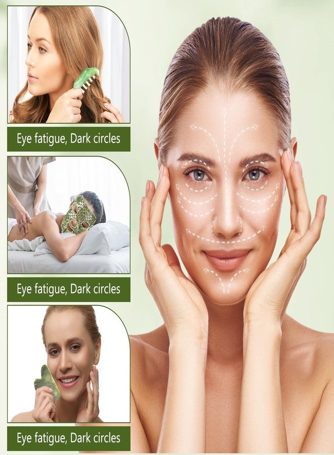 Demissle 4 Pcs Jade Eye Mask Jade Stone Facial Mask Scrap Massage Tool Hair Comb Facial Eye Cooling Stone Massage Tools for Puffy Eyes Dark Circles Gift(Dark Green) - Image 4
